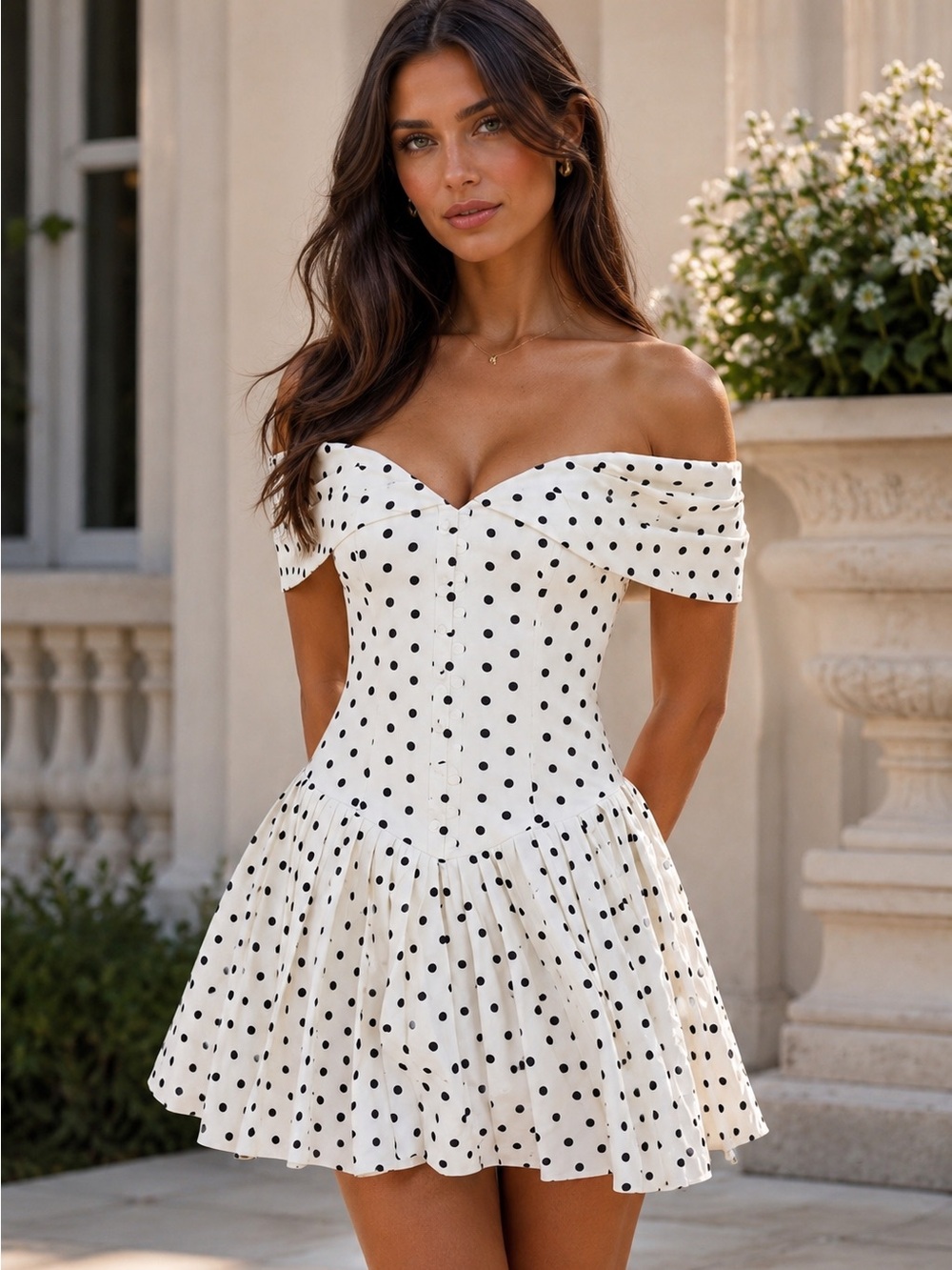 EDELINE POLKA DOT OFF-SHOULDER PLEATED MINI DRESS